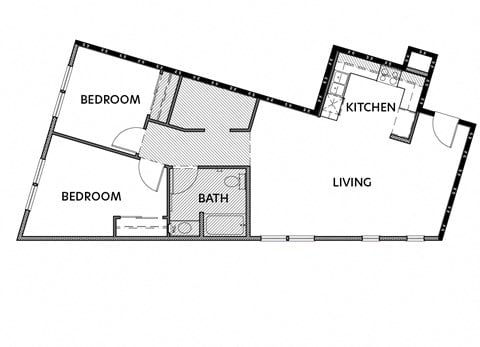 Floor plan for 2 beds, 1 bath, 946 sqft